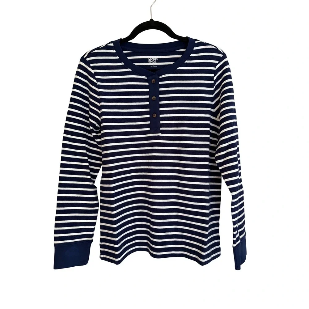 Lands End Womens Waffle Sleep Shirt Navy Ivory‎ Stripe Henley Small NWT